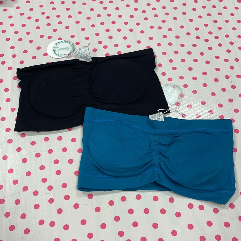 2 bandeaus, one size RUNS SMALL, built in foam bra cups, black and teal